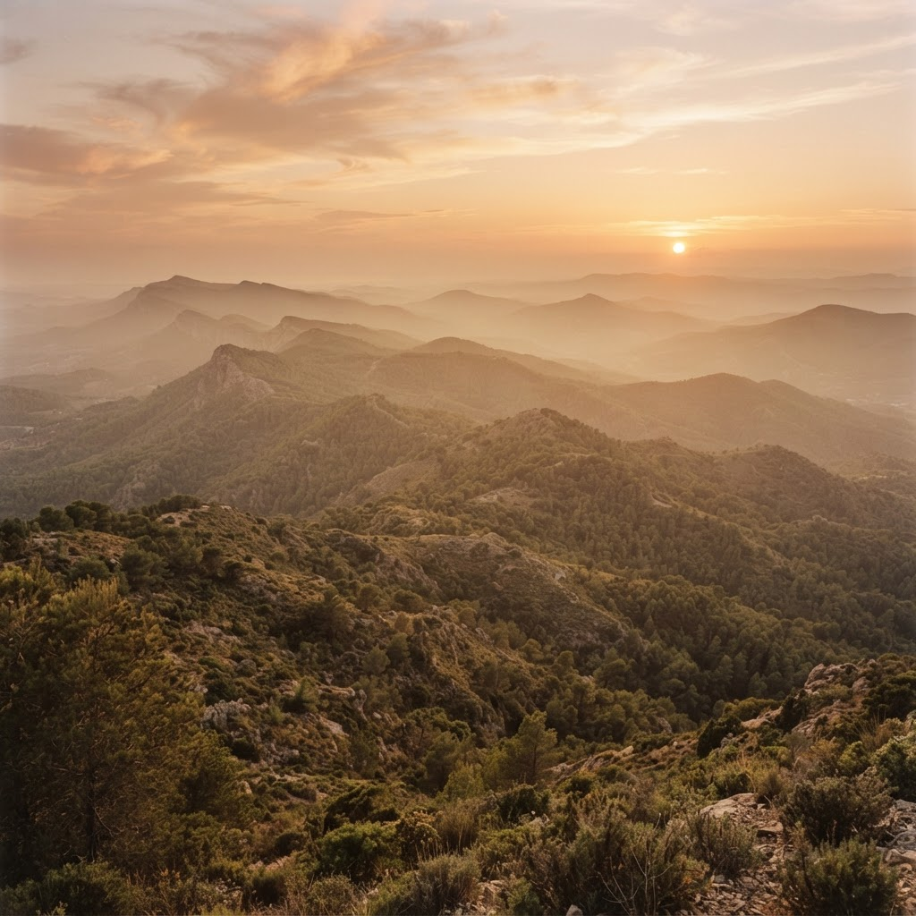 Pine-covered mountains of the Sierra Calderona natural park in evening light