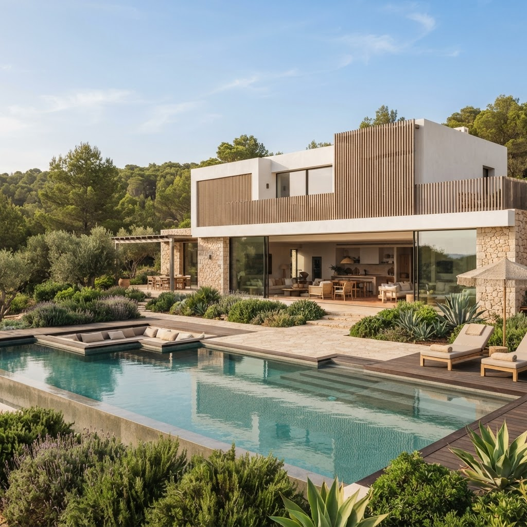 Architect-designed villa exterior with timber slat facade details, glass walls open to the garden and pool in the foreground